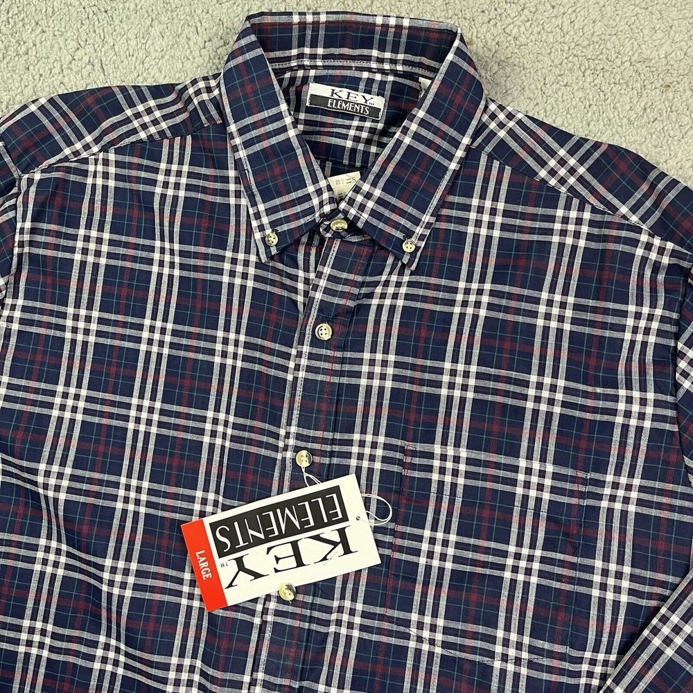Vintage Key Elements 90's Button Shirt Plaid‎ Blue Red White Long Sleeve Lg NOS